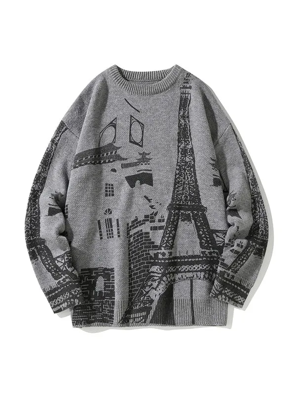 Men's Retro Iron Tower Print Knitted Sweater
