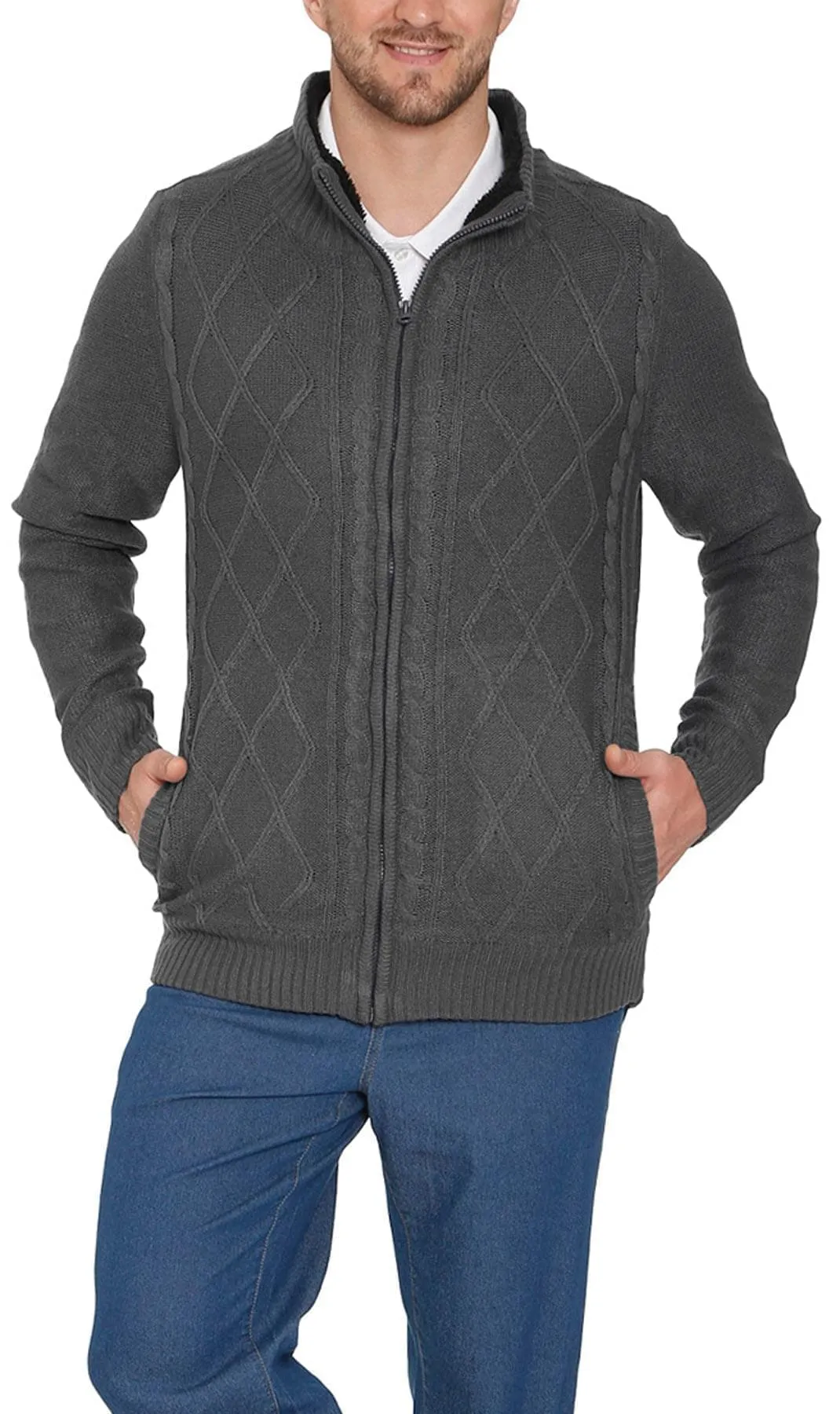 Mens Sherpa Lined Zip Front Sweater Jacket