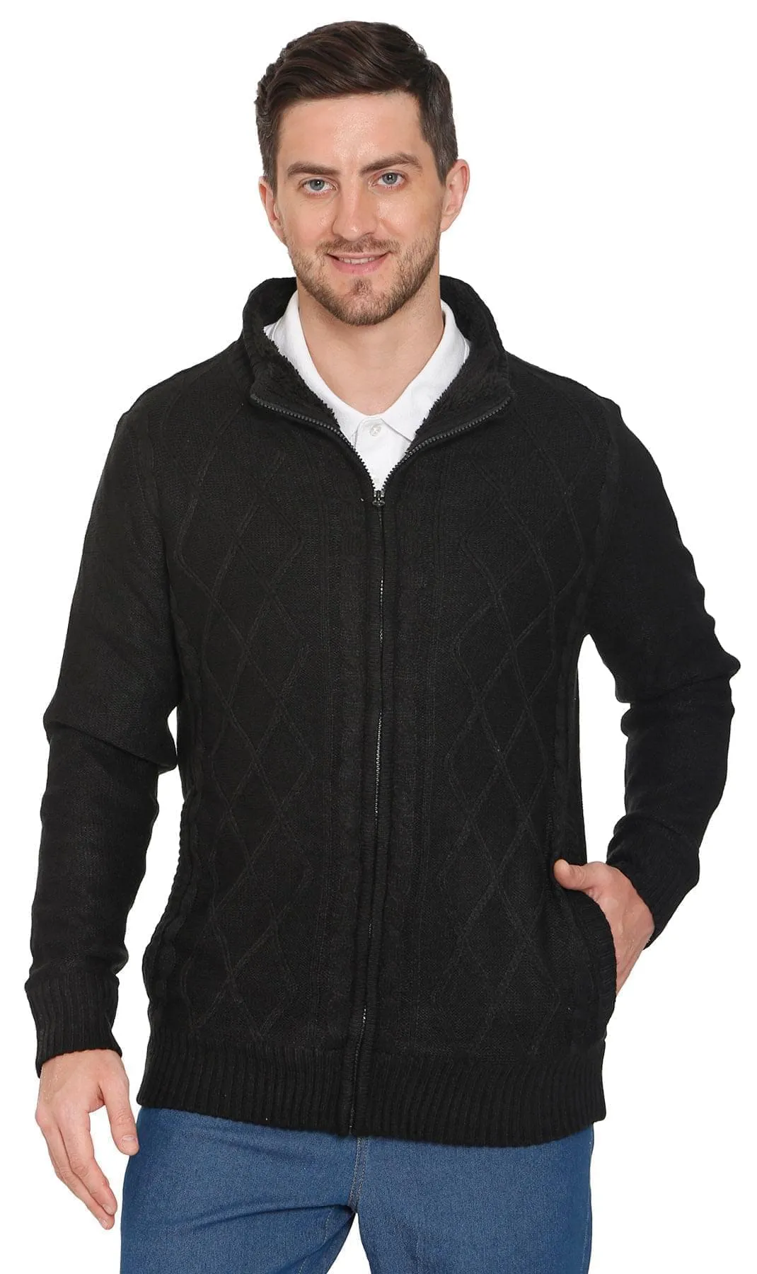 Mens Sherpa Lined Zip Front Sweater Jacket