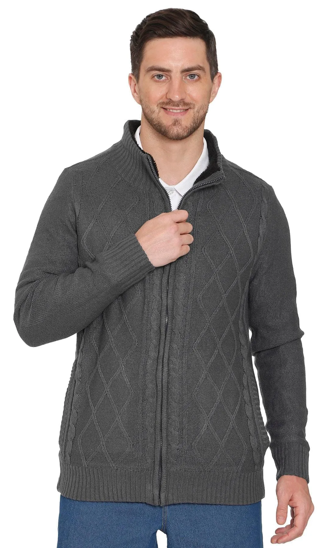 Mens Sherpa Lined Zip Front Sweater Jacket