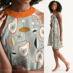 Mod Dress, Vintage dress style, Retro Dress, Halter Dress, Gray Atomic Dress, 50s Style Dress, Retro style dress women, Midcentury Dress