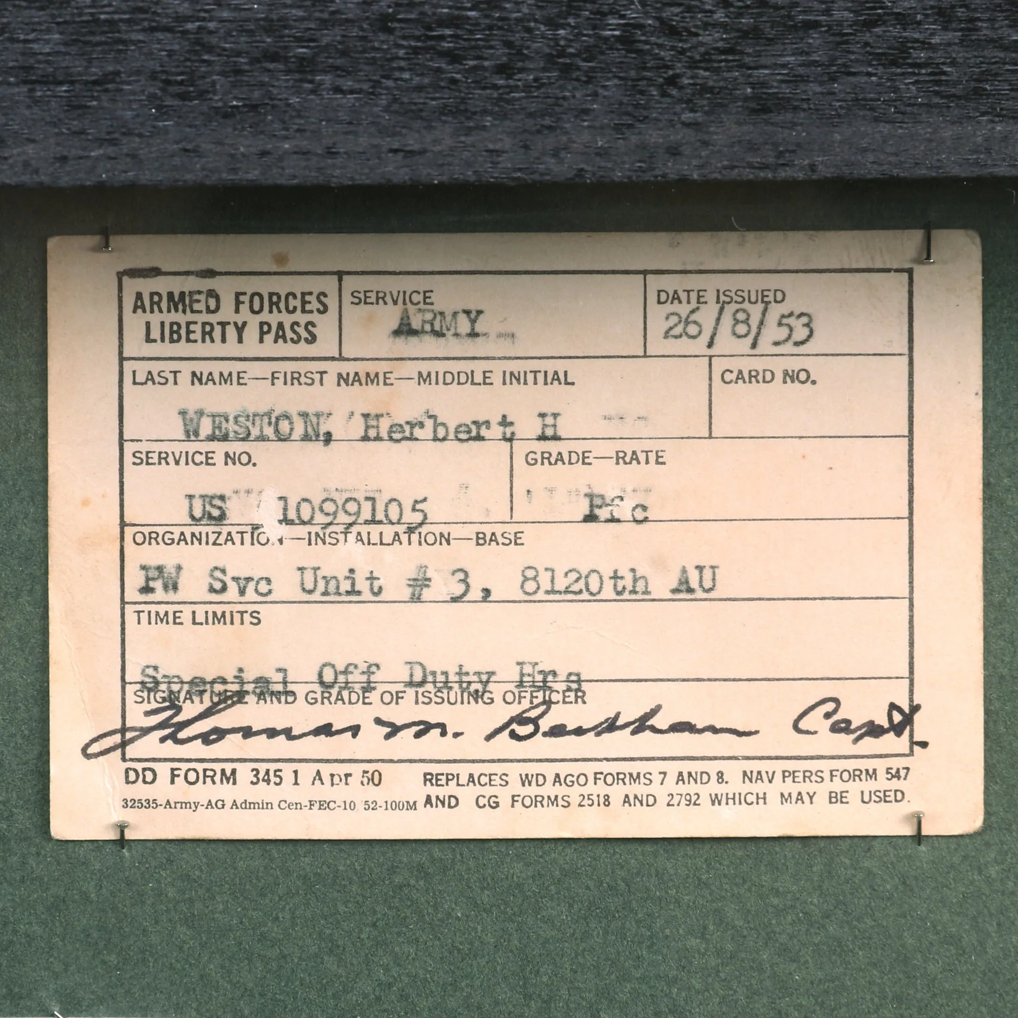 Original U.S. Korean War Prisoner of War Made Sheet Steel American Tank With Pictures and Armed Forces Liberty Pass for Pvt Herbert H. Weston - Formerly A.A.F. Tank Museum Collection