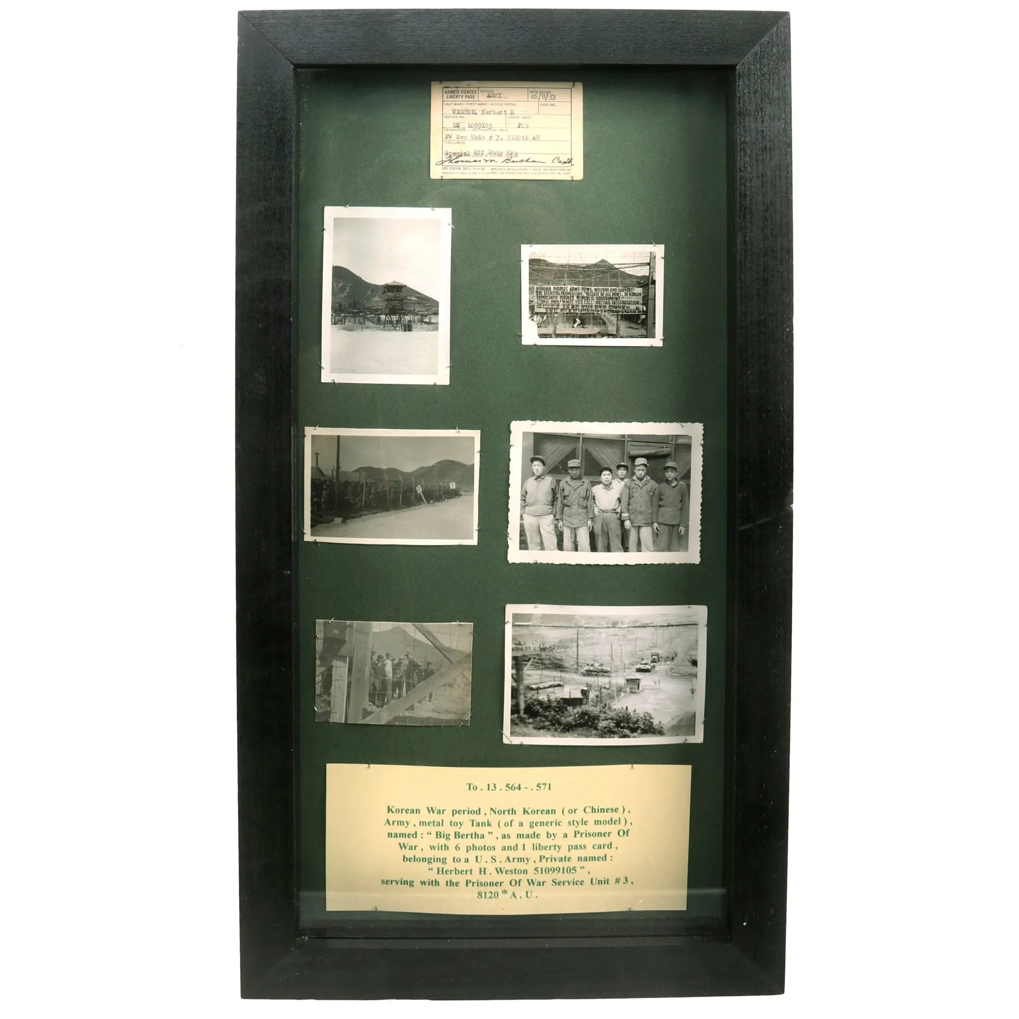 Original U.S. Korean War Prisoner of War Made Sheet Steel American Tank With Pictures and Armed Forces Liberty Pass for Pvt Herbert H. Weston - Formerly A.A.F. Tank Museum Collection