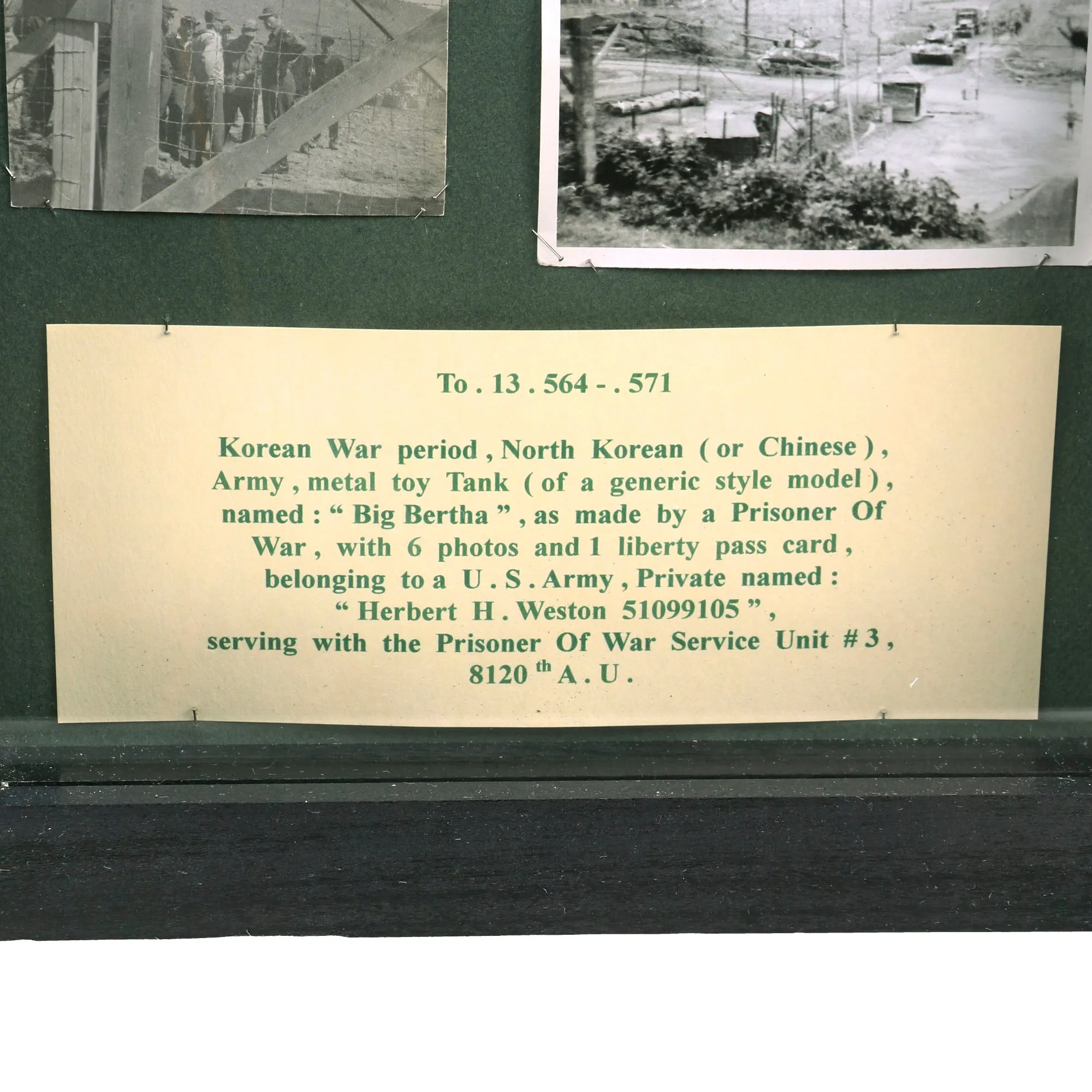 Original U.S. Korean War Prisoner of War Made Sheet Steel American Tank With Pictures and Armed Forces Liberty Pass for Pvt Herbert H. Weston - Formerly A.A.F. Tank Museum Collection