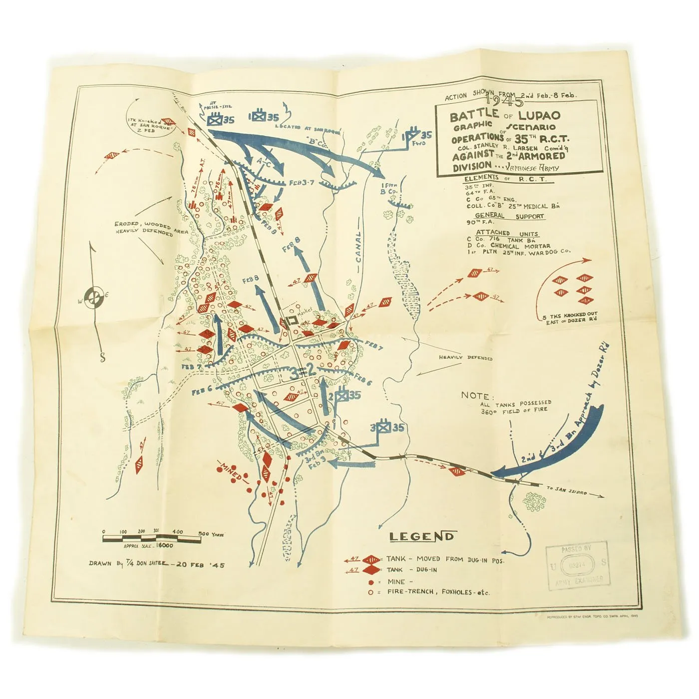 Original U.S. WWII Battle of Lupao Map - Drawn April 1945