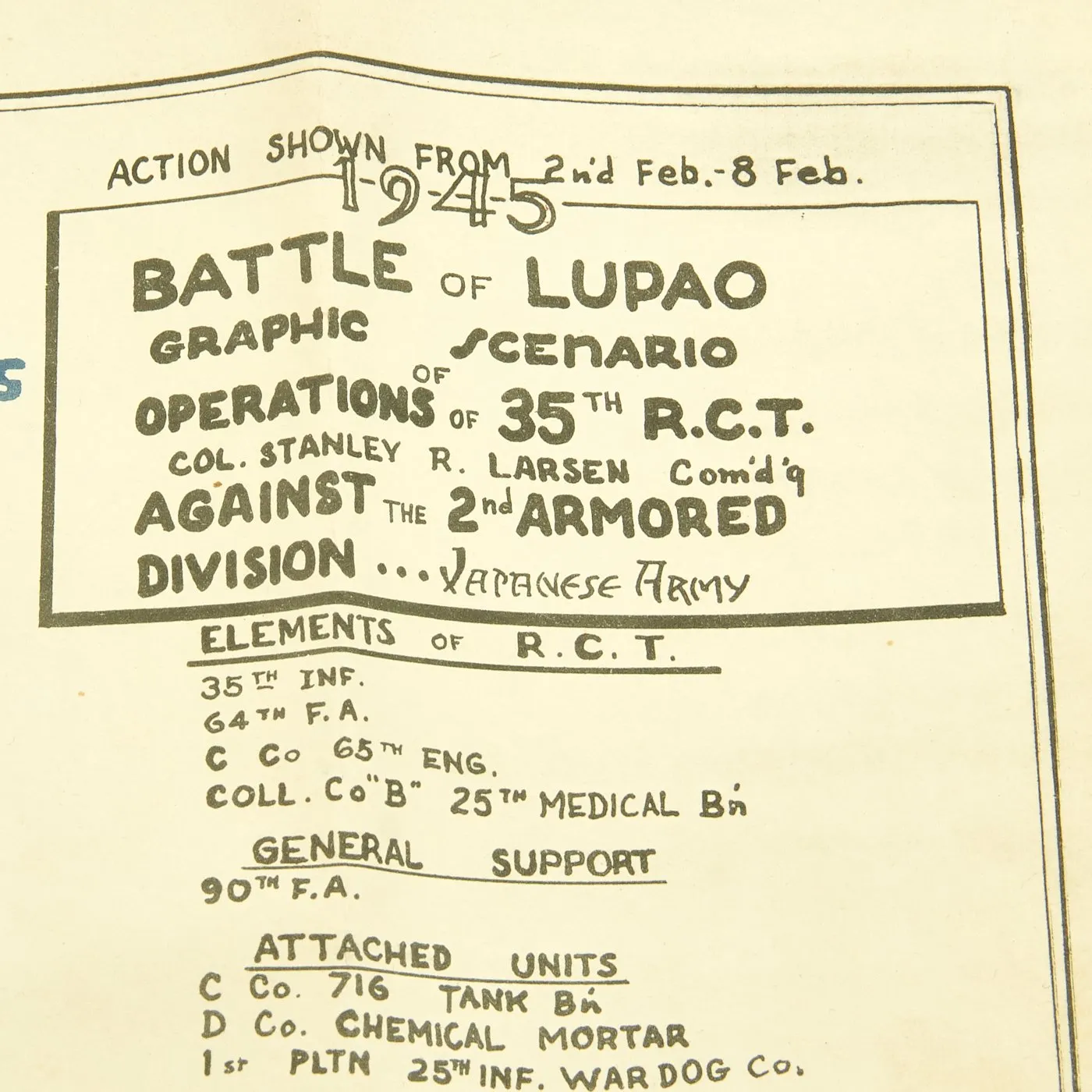 Original U.S. WWII Battle of Lupao Map - Drawn April 1945
