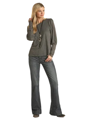 Panhandle Slim Women's Sheer Grey Stripe Knit Puff Sweater