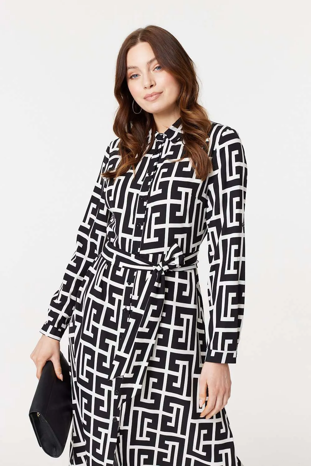 Printed Tie Waist Midi Shirt Dress