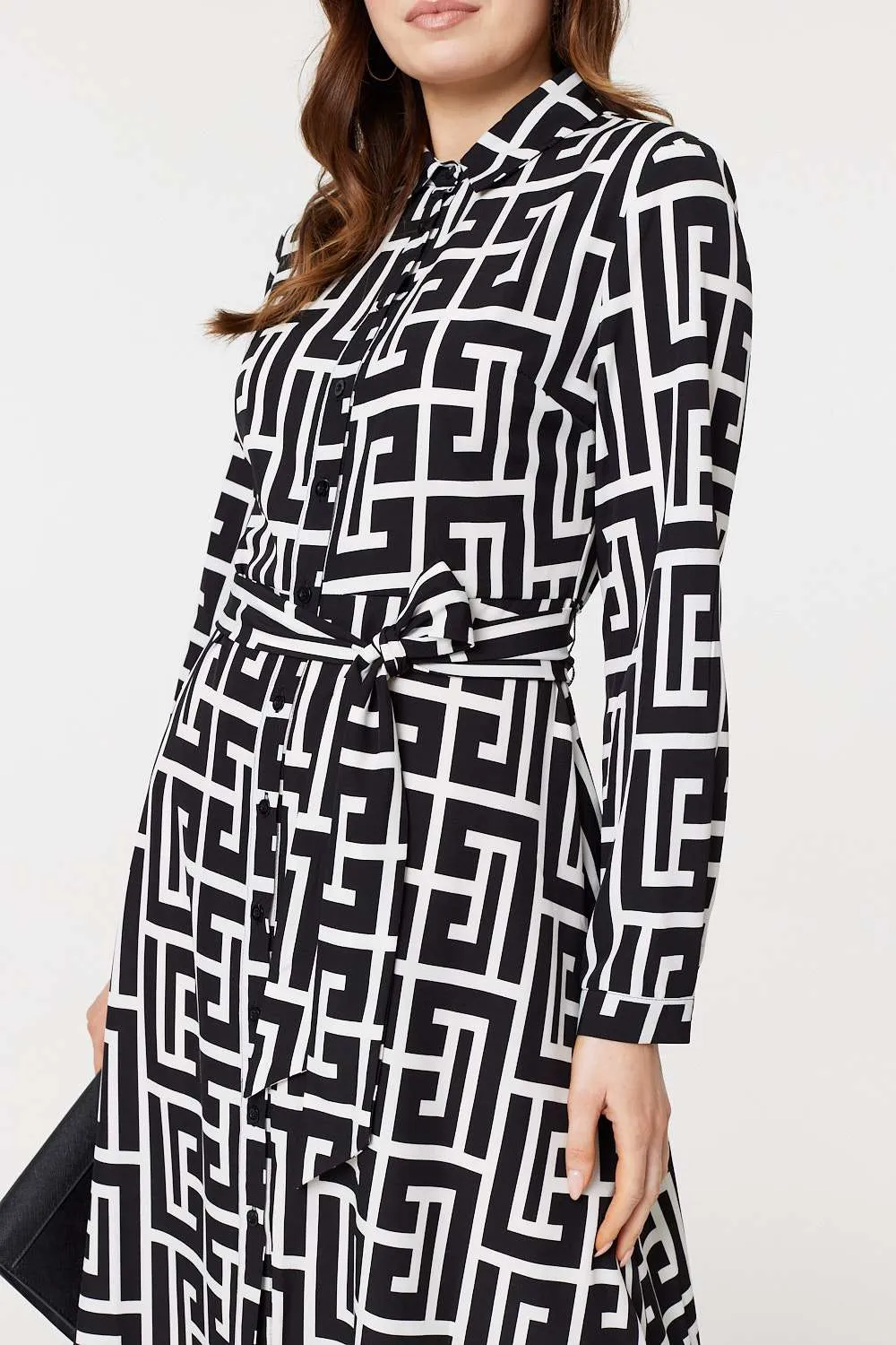 Printed Tie Waist Midi Shirt Dress