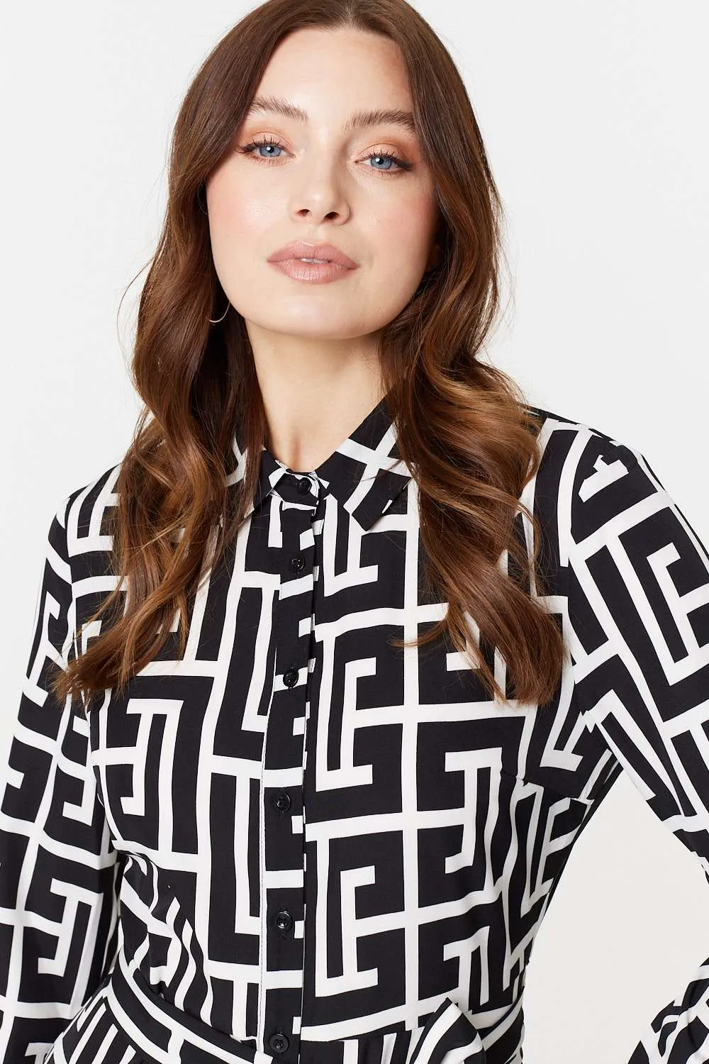 Printed Tie Waist Midi Shirt Dress