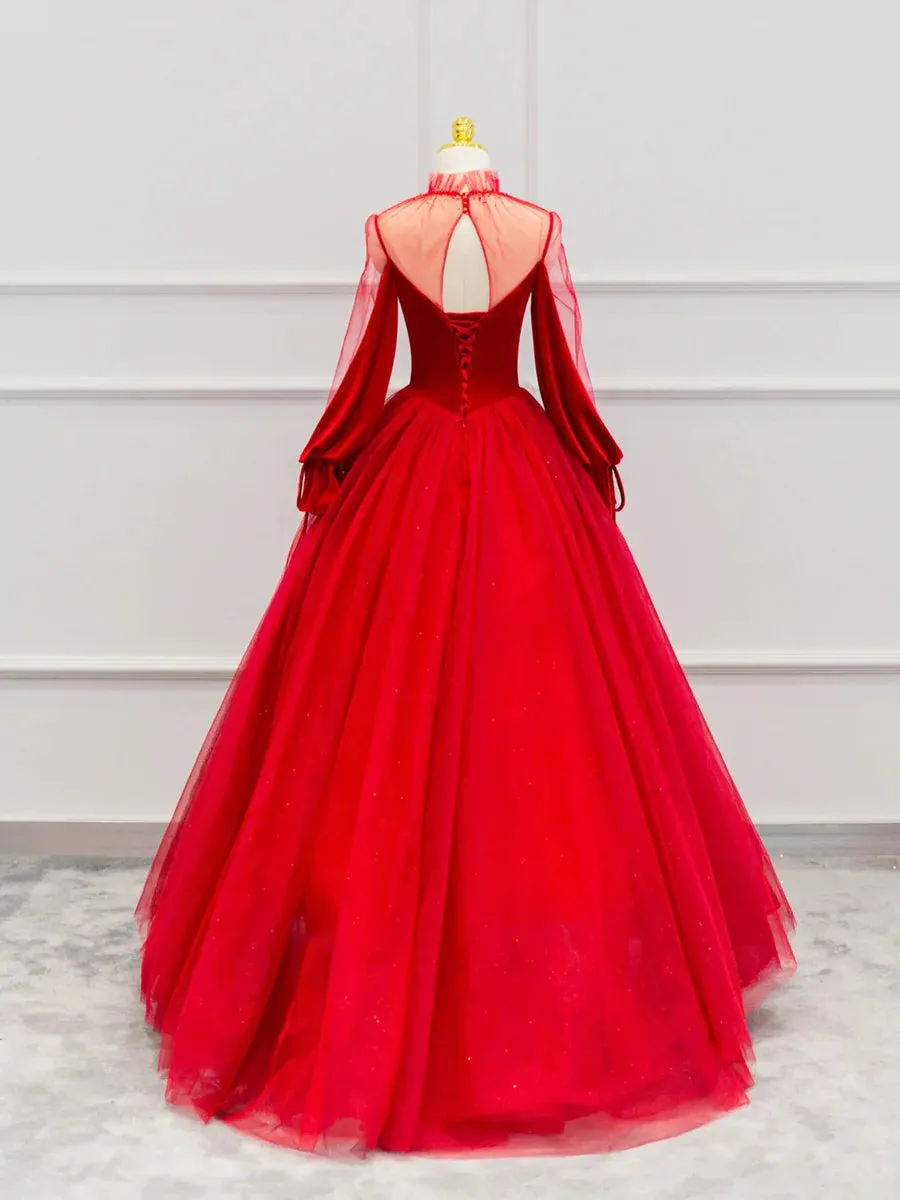 Red Velvet Tulle Floor Length Prom Dress, Beautiful Long Sleeve Evening Party Dress       fg4355