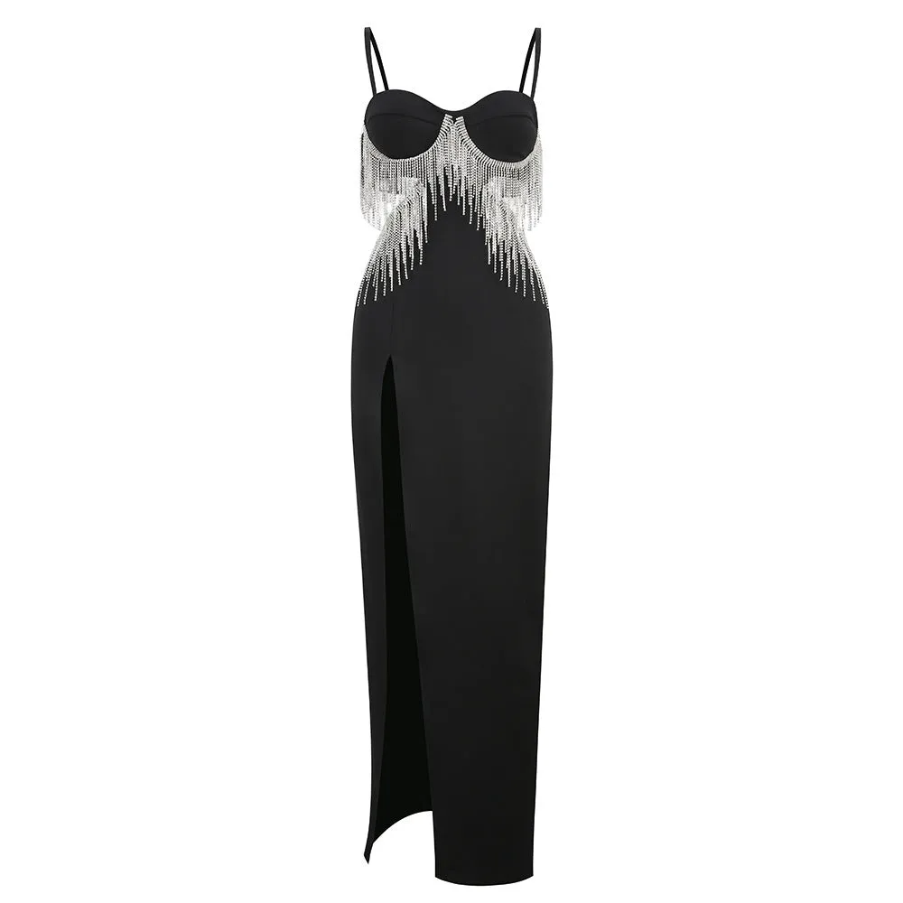Rhinestones Tassel Hollow Out Bodycon Dress
