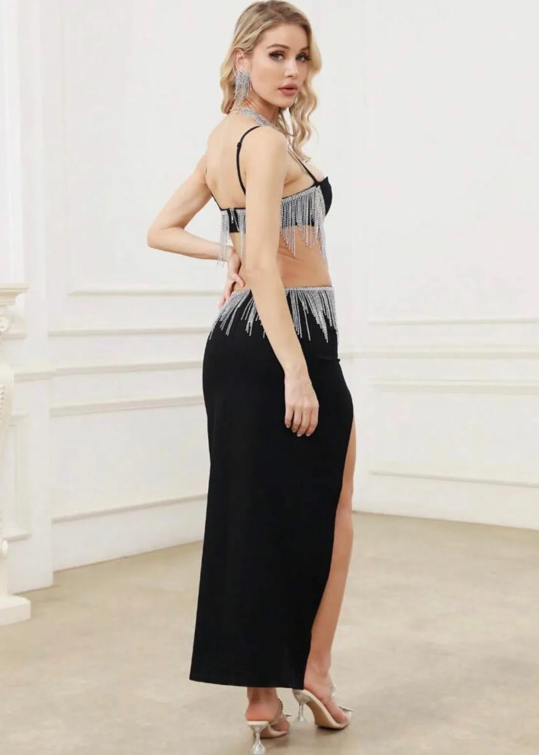 Rhinestones Tassel Hollow Out Bodycon Dress