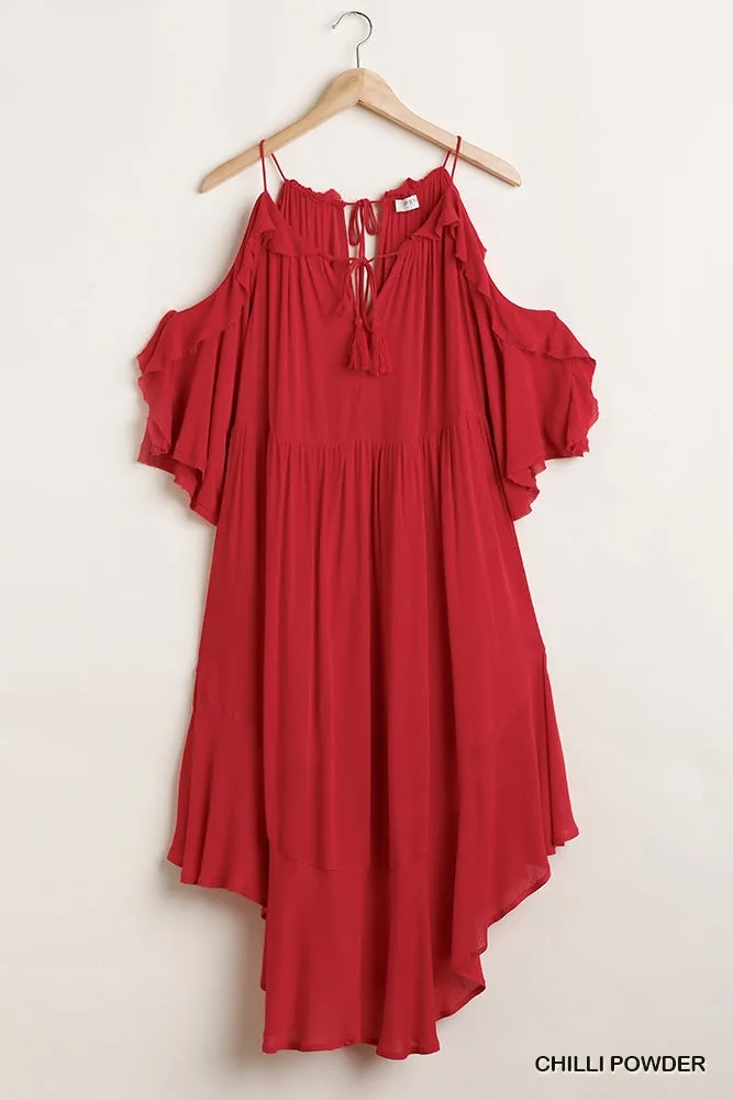 Ruffled Cold Shoulder Maxi Dress With Front Tassel Tie