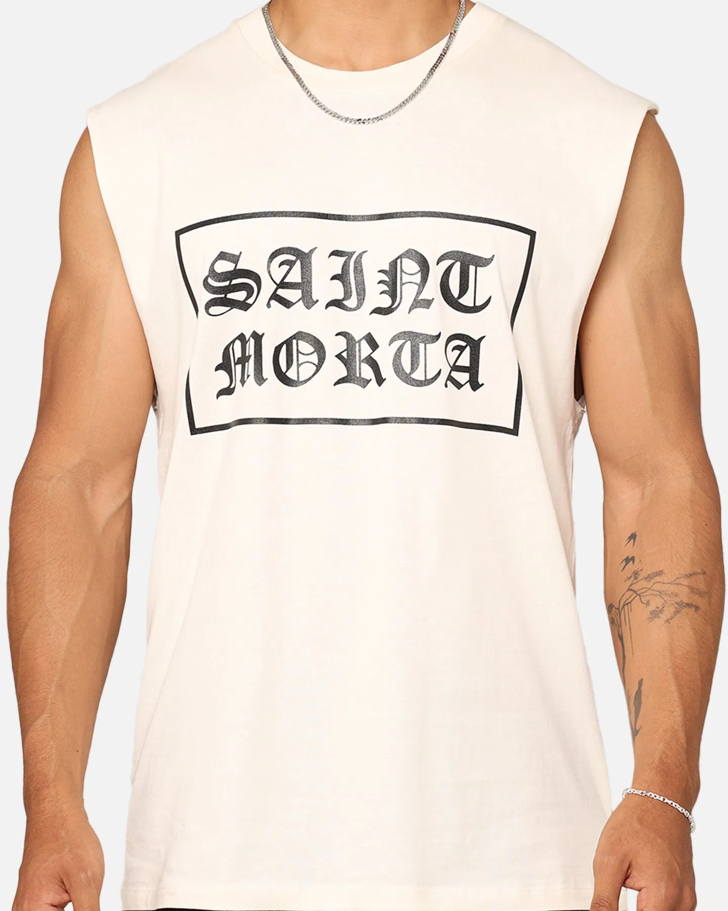 Saint Morta Gothic Box Logo Muscle T-Shirt Off White