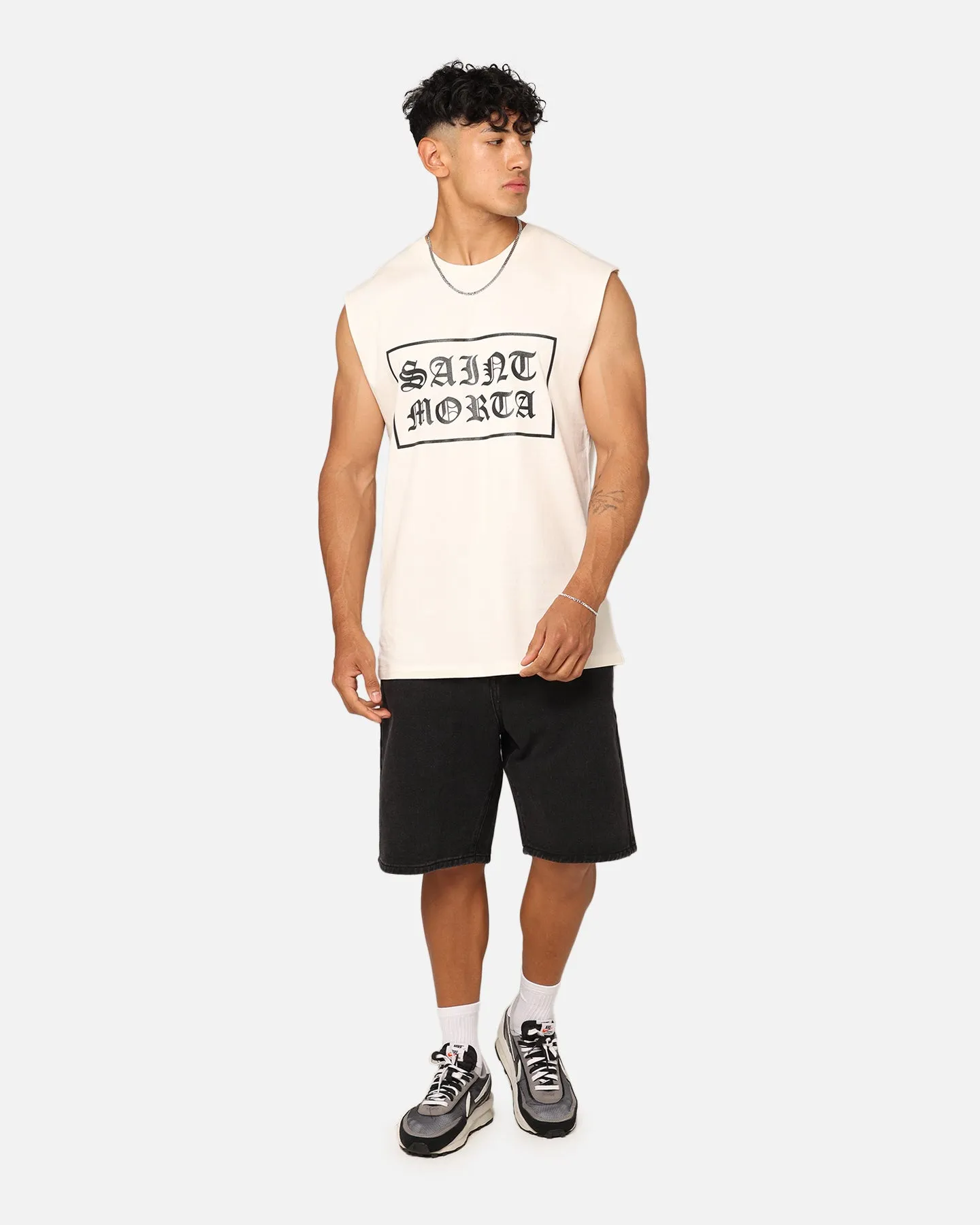 Saint Morta Gothic Box Logo Muscle T-Shirt Off White