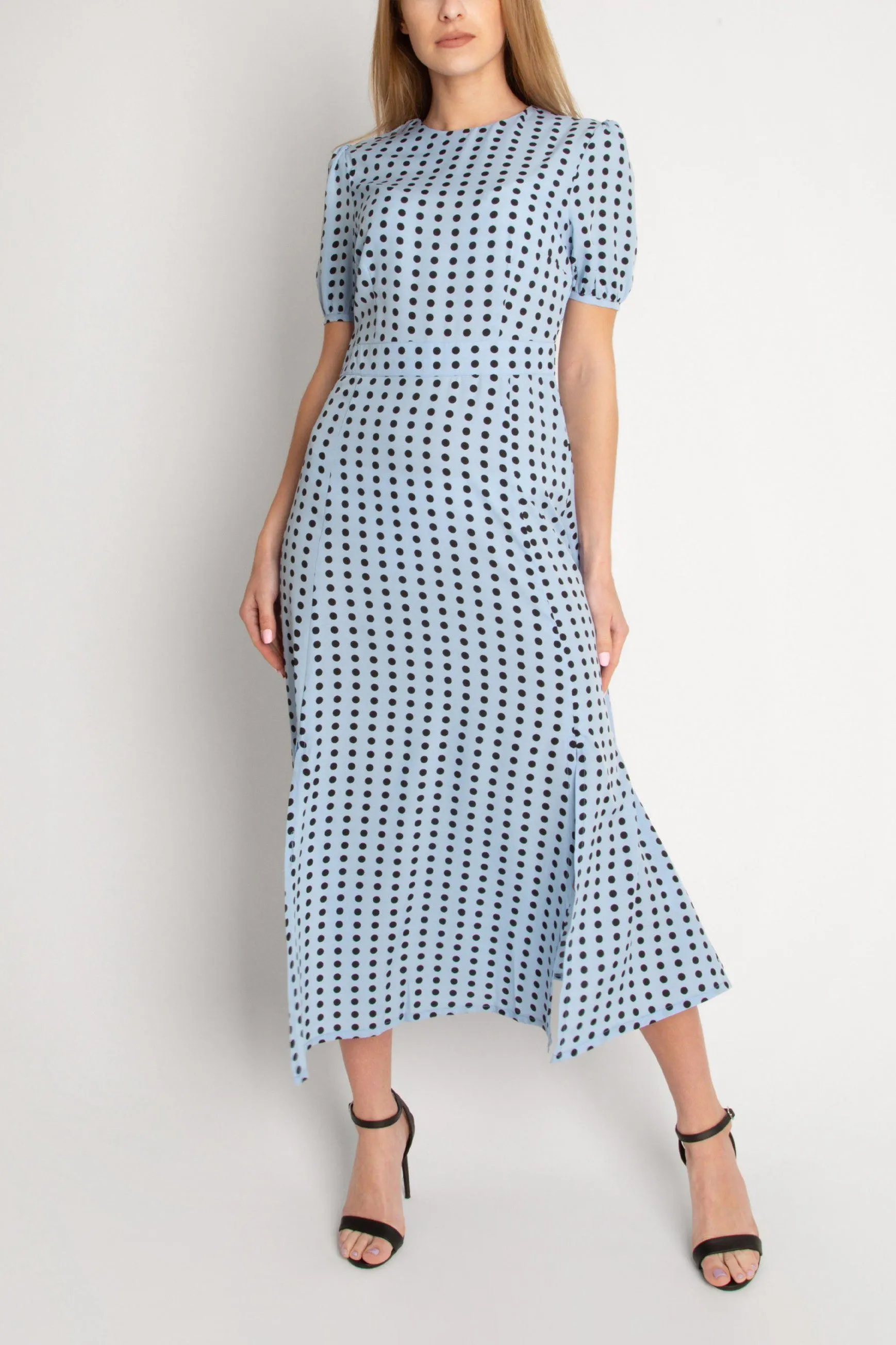 Short Sleeve Maxi Dress in Polka Dot -L BLUE