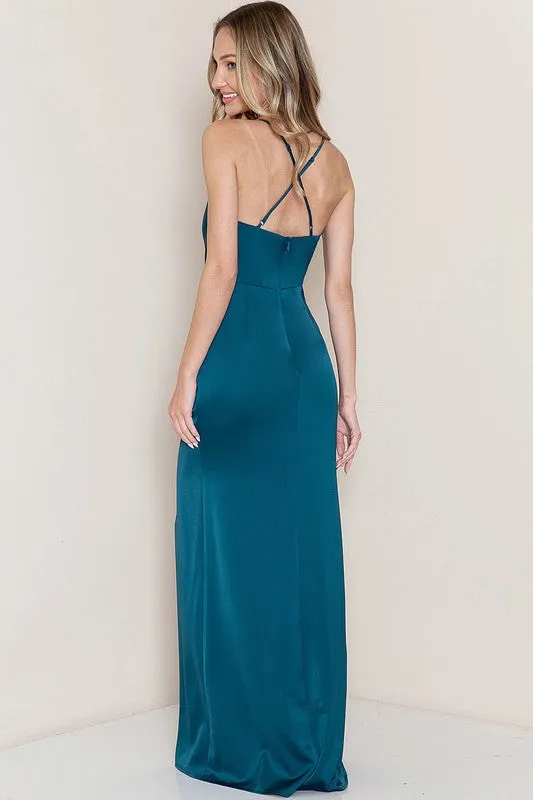 Sienna Cowl Neck Satin Shirring Slit Side Maxi Dress