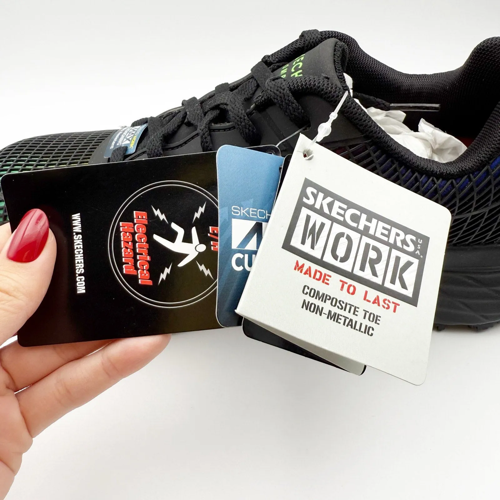 SKECHERS Womens Work Shoes 7.5 Black Rainbow Max Cushioning Comp Toe EH