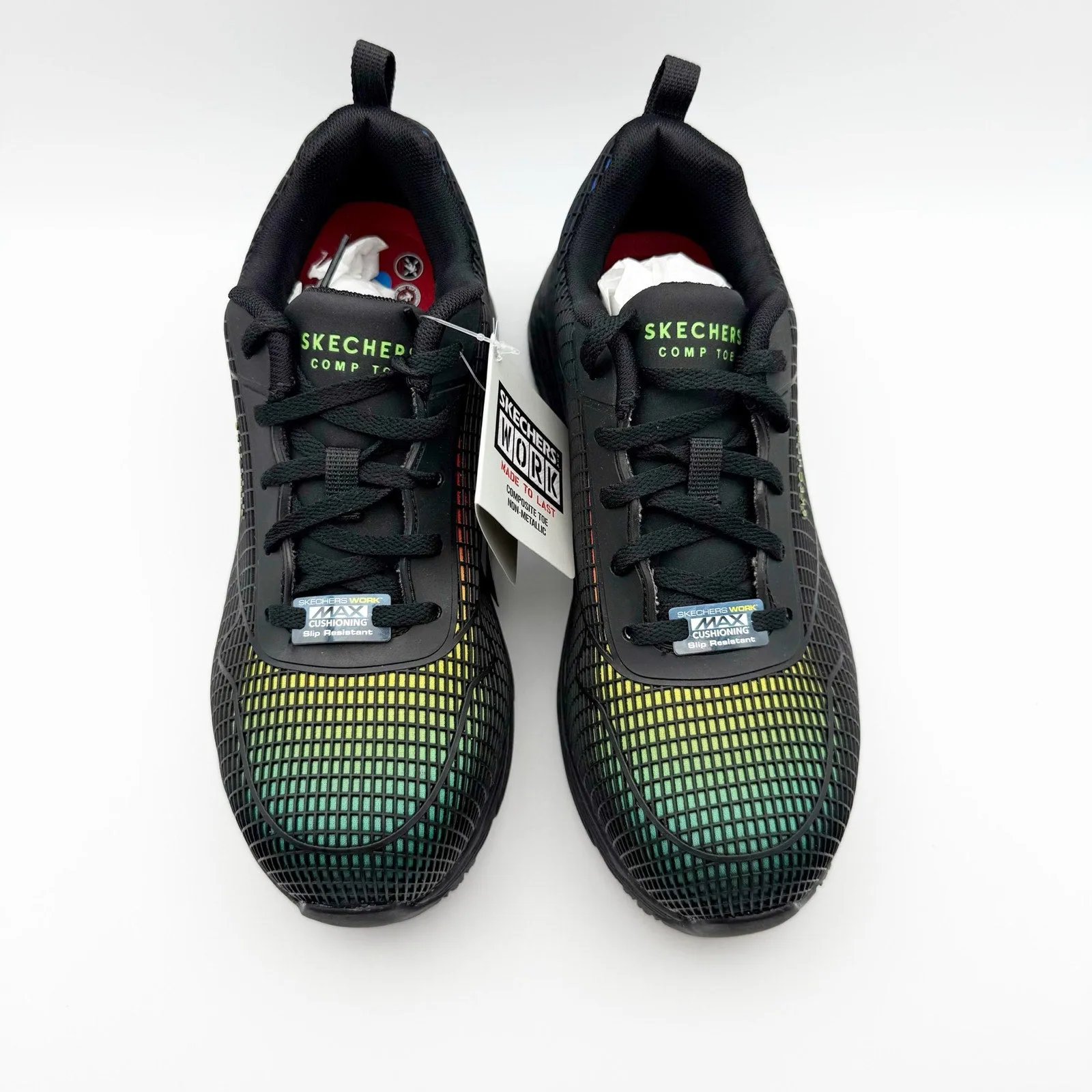SKECHERS Womens Work Shoes 7.5 Black Rainbow Max Cushioning Comp Toe EH