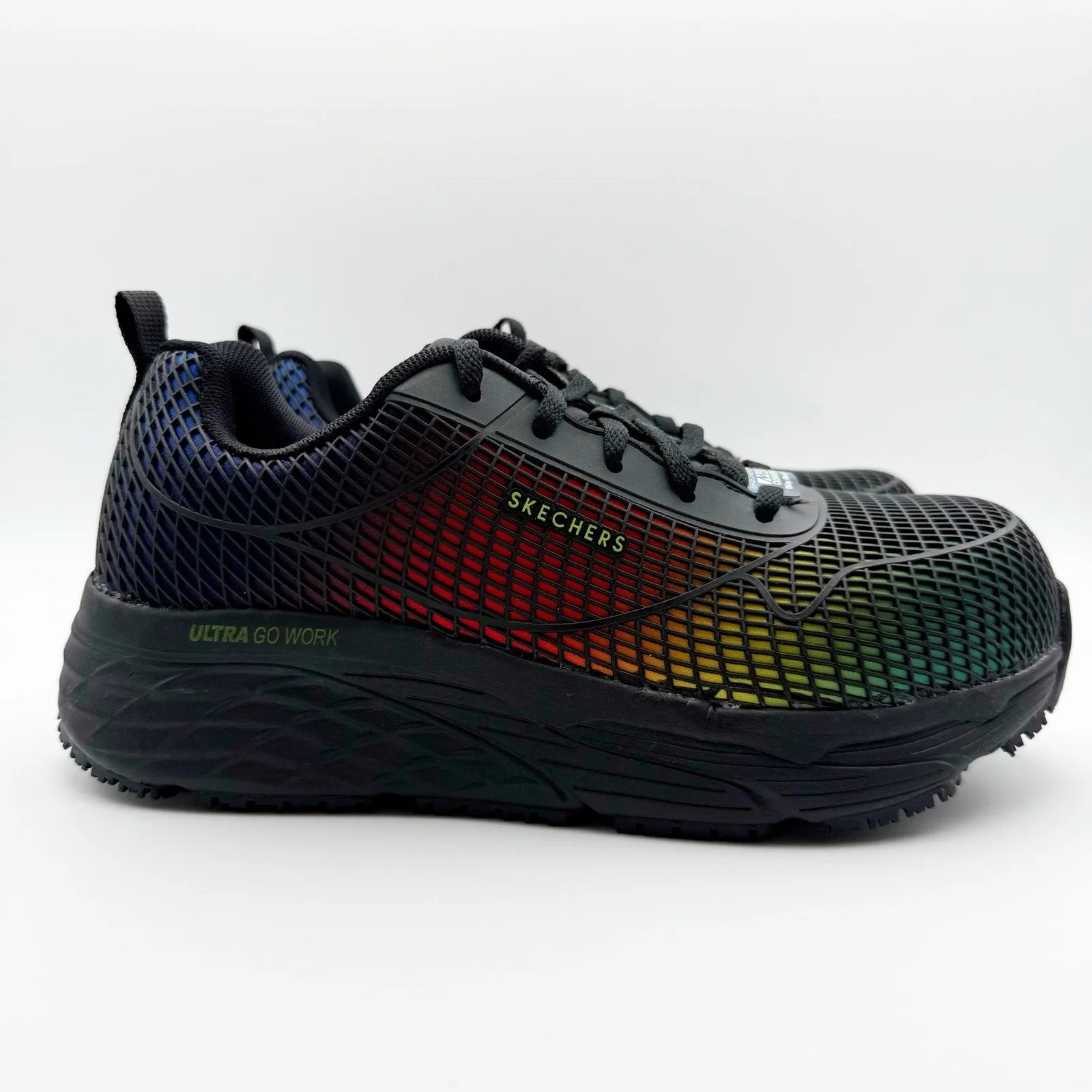 SKECHERS Womens Work Shoes 7.5 Black Rainbow Max Cushioning Comp Toe EH