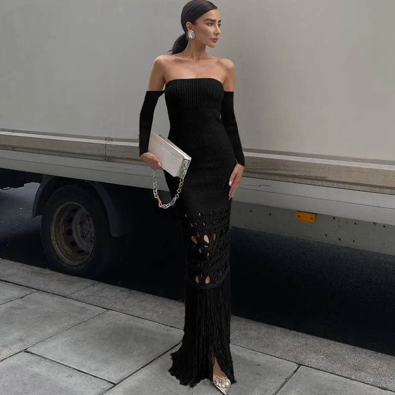 Tassel Off Shoulder Long Skirt Bodycon Dress