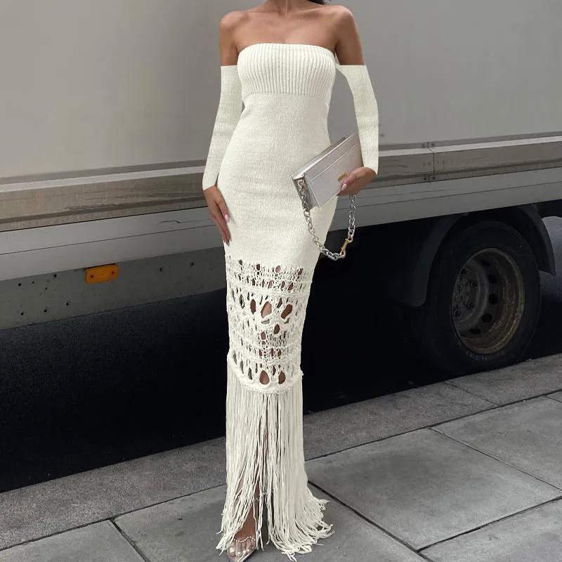Tassel Off Shoulder Long Skirt Bodycon Dress