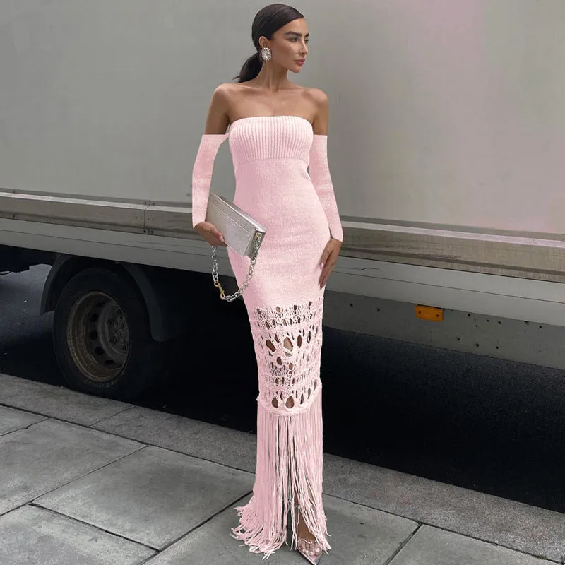 Tassel Off Shoulder Long Skirt Bodycon Dress