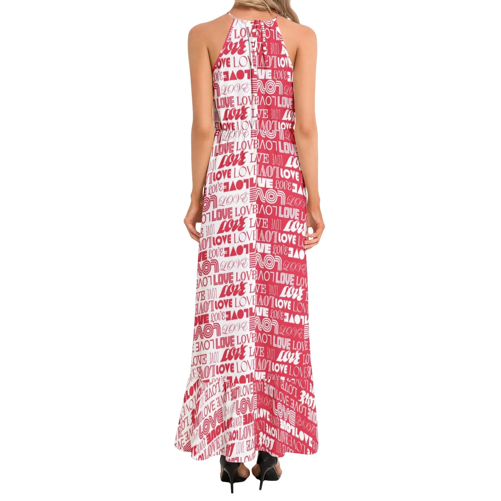 Two Tone Love Print Ruffle Hem Halter Neck Maxi Dress