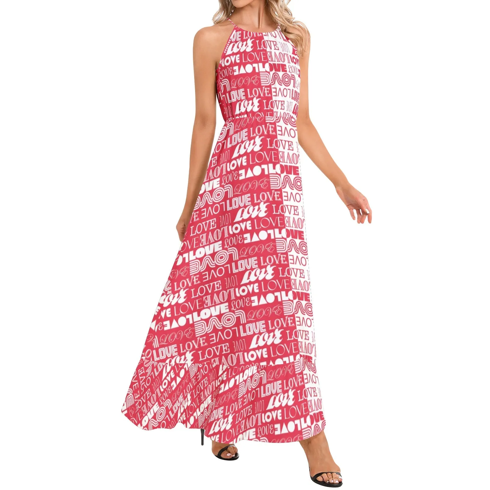 Two Tone Love Print Ruffle Hem Halter Neck Maxi Dress