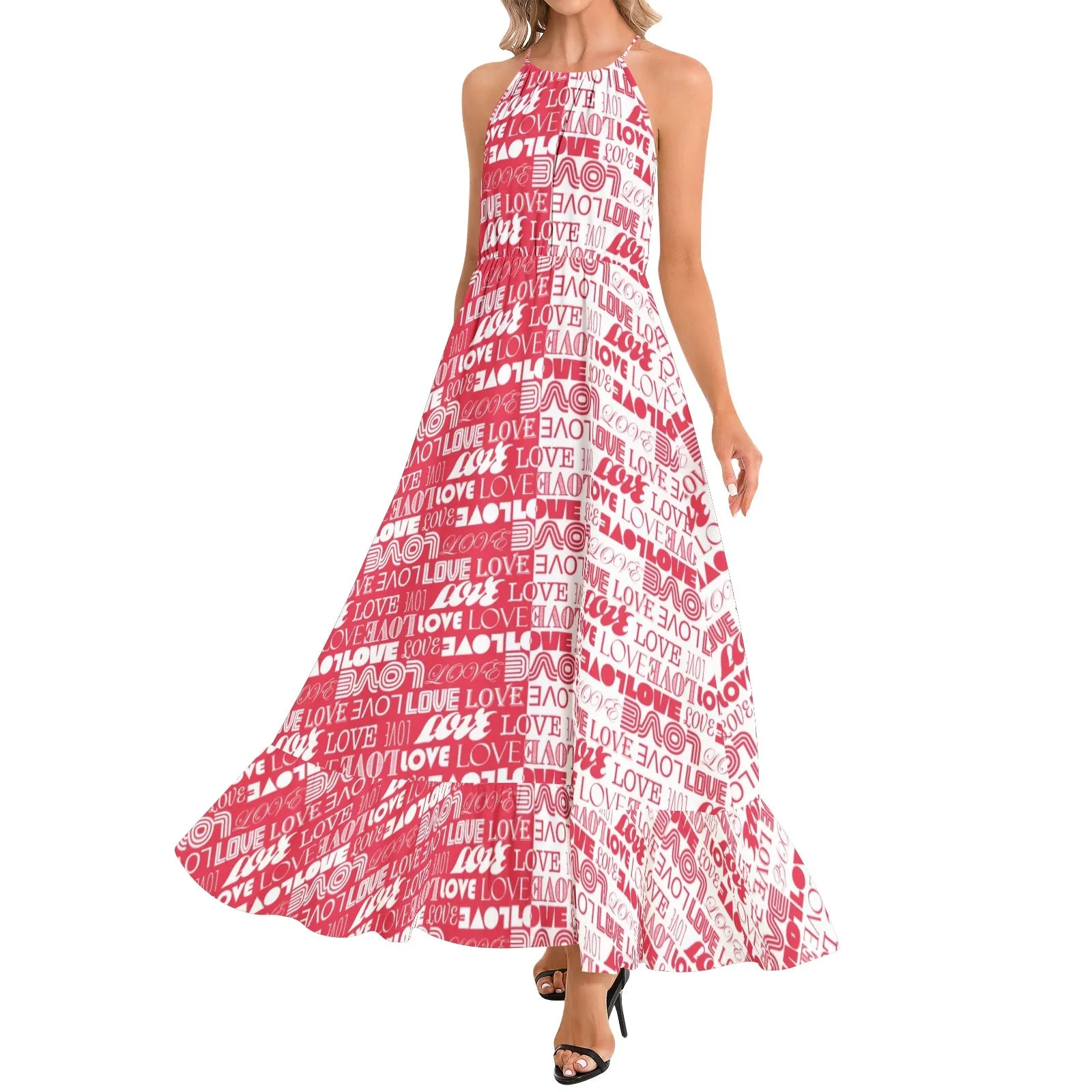 Two Tone Love Print Ruffle Hem Halter Neck Maxi Dress