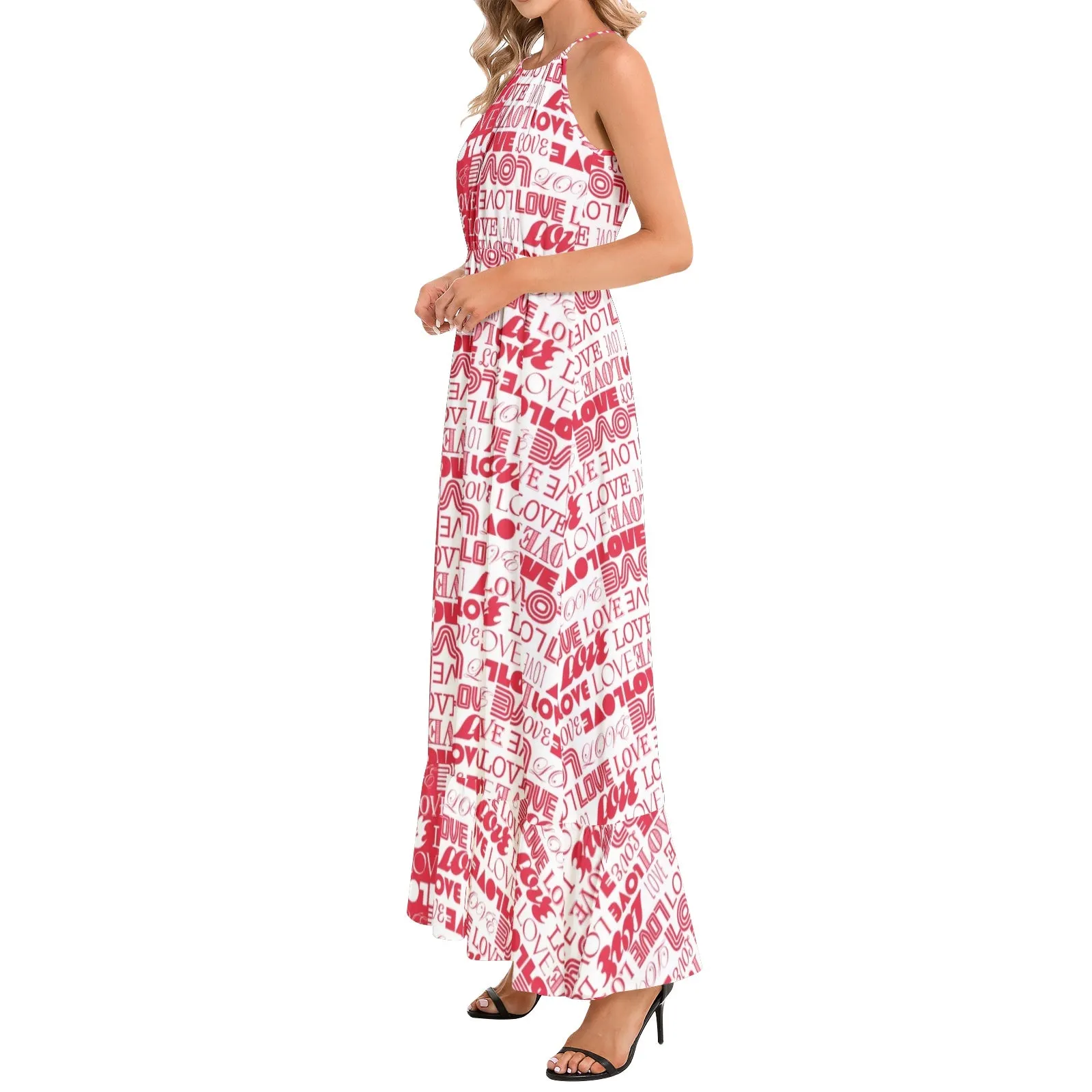 Two Tone Love Print Ruffle Hem Halter Neck Maxi Dress