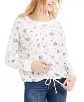 Ultra Flirt Junior's Striped Drawstring Hem Thermal Top White Size X-Large