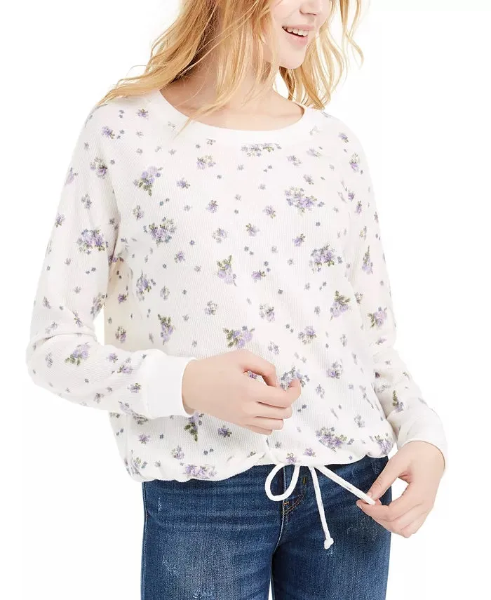 Ultra Flirt Junior's Striped Drawstring Hem Thermal Top White Size X-Large