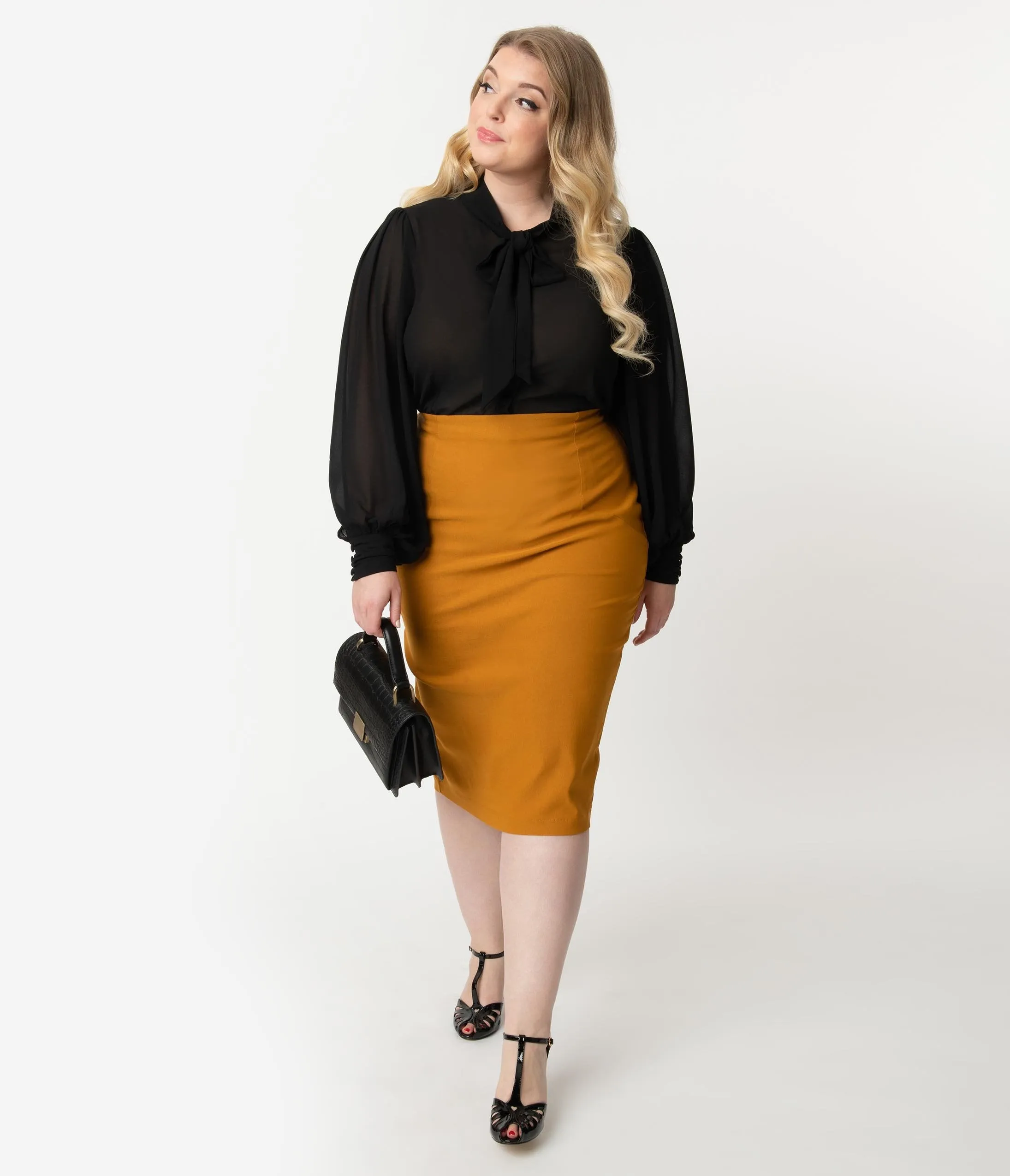 Unique Vintage Plus Size Mustard Stretch High Waist Tracy Wiggle Skirt