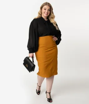 Unique Vintage Plus Size Mustard Stretch High Waist Tracy Wiggle Skirt