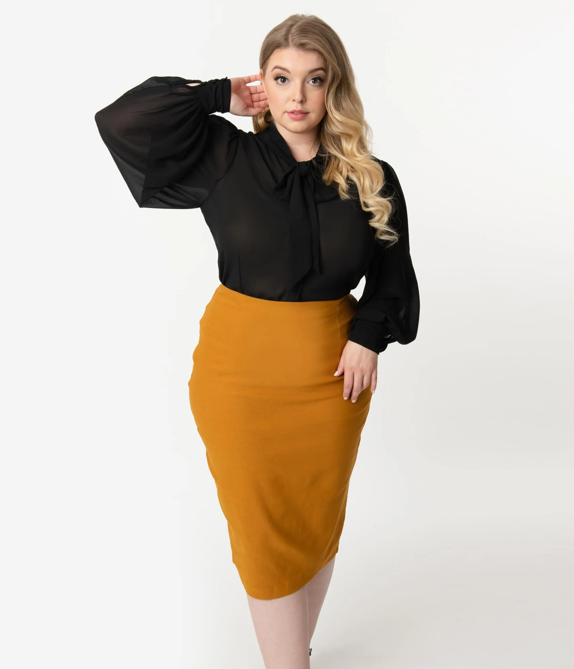 Unique Vintage Plus Size Mustard Stretch High Waist Tracy Wiggle Skirt