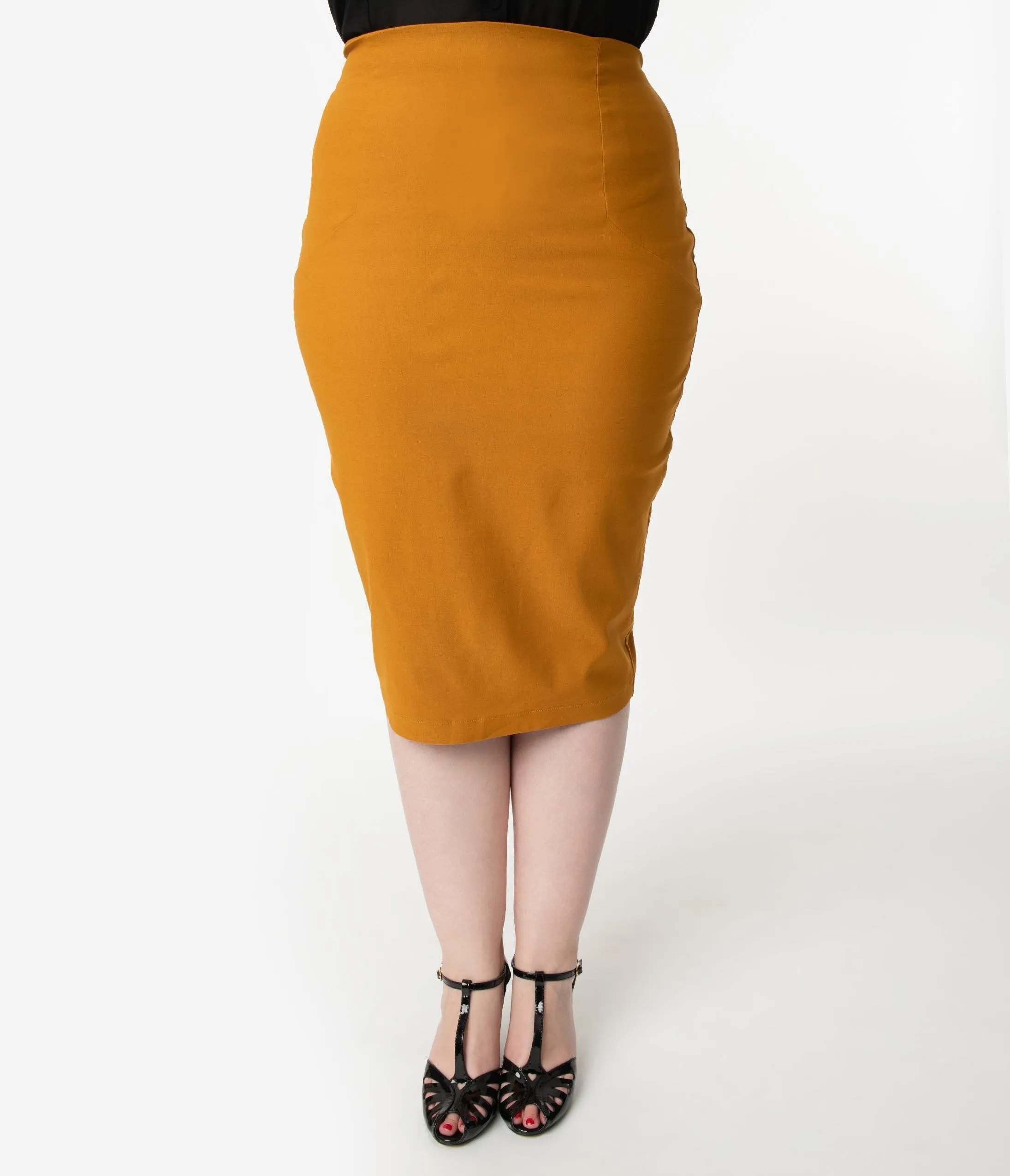 Unique Vintage Plus Size Mustard Stretch High Waist Tracy Wiggle Skirt