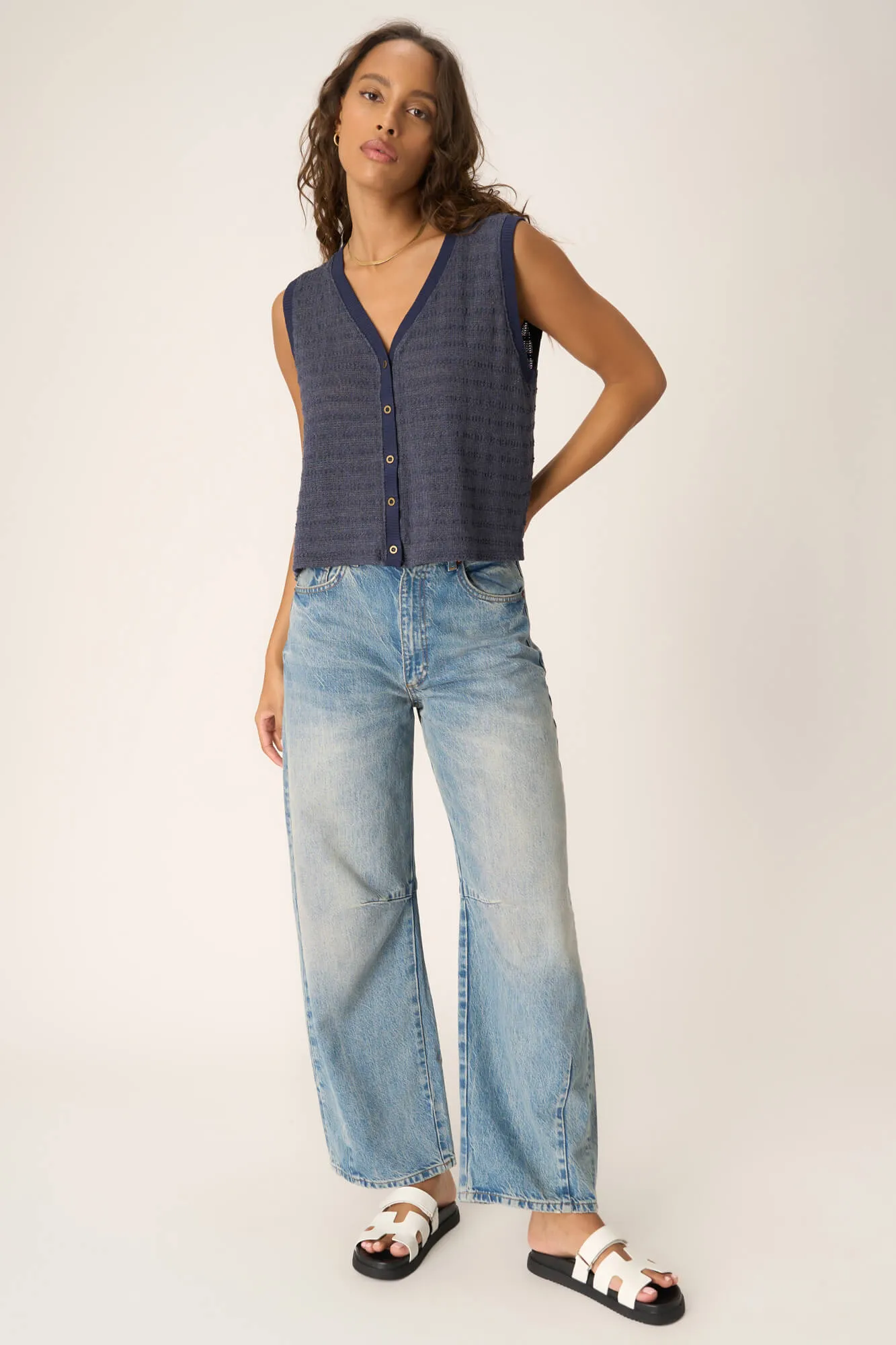 Viva Button Front Sweater Tank - Navy Bliss