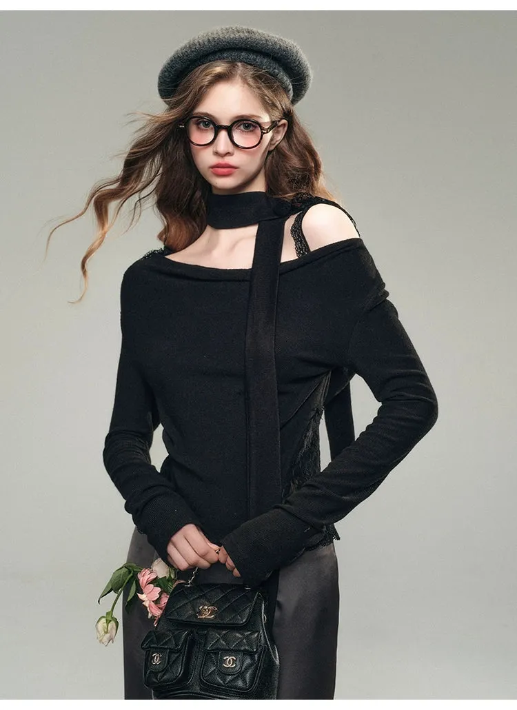 White& Black Off-Shoulder Lace Knit Crewneck