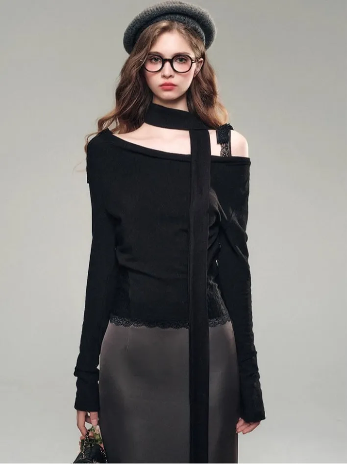 White& Black Off-Shoulder Lace Knit Crewneck