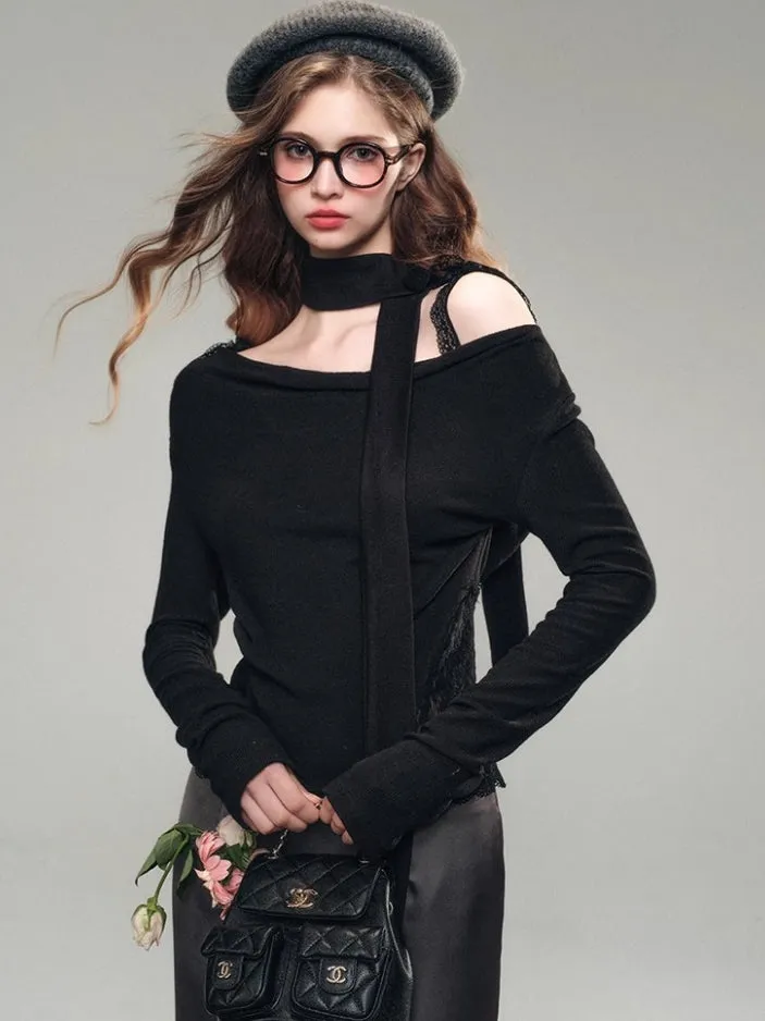 White& Black Off-Shoulder Lace Knit Crewneck
