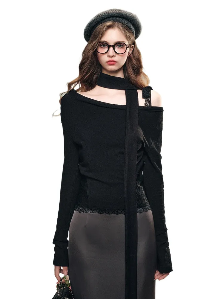 White& Black Off-Shoulder Lace Knit Crewneck