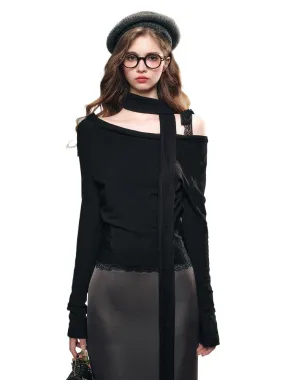 White& Black Off-Shoulder Lace Knit Crewneck