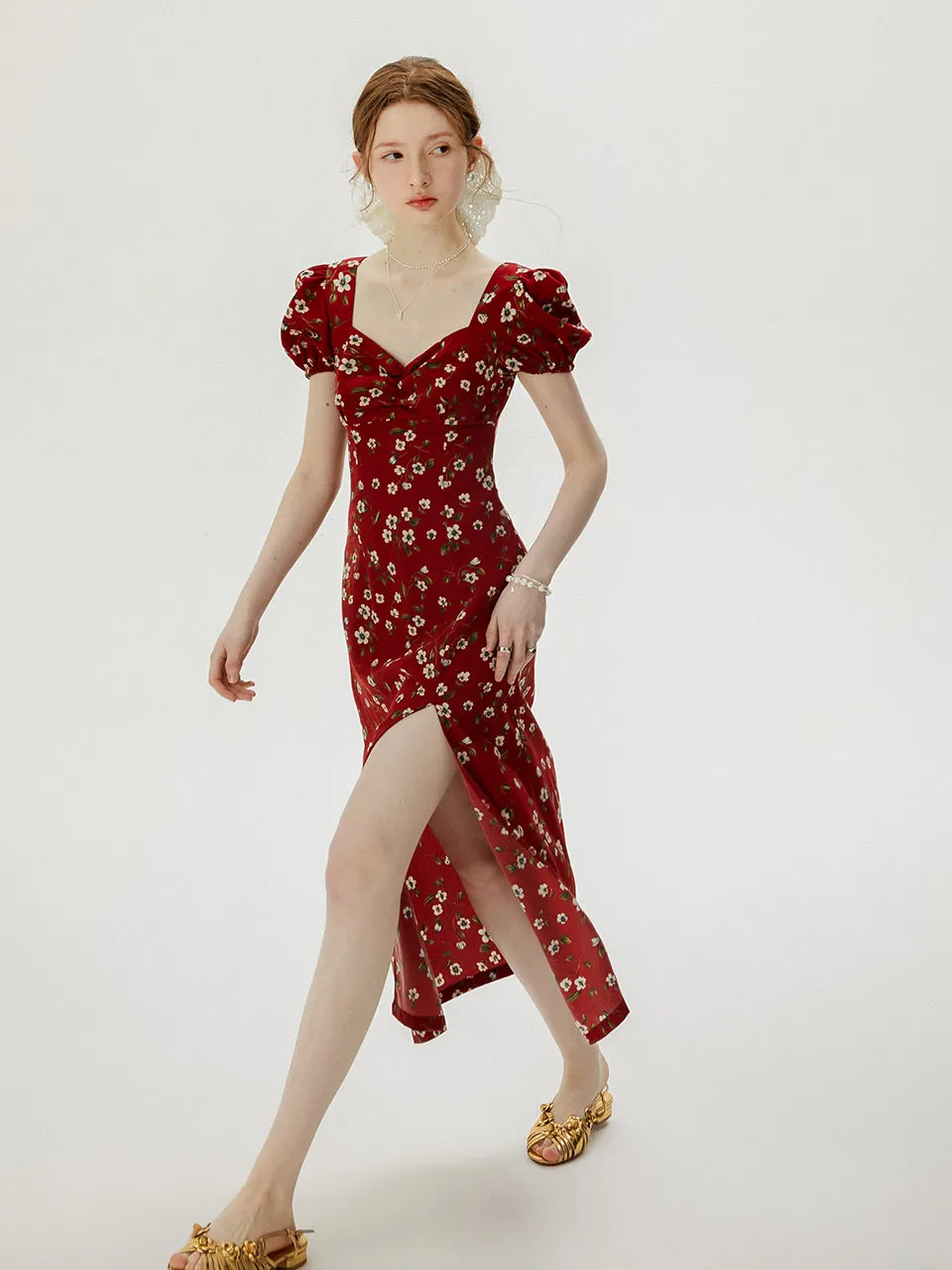 Wine flower long dress