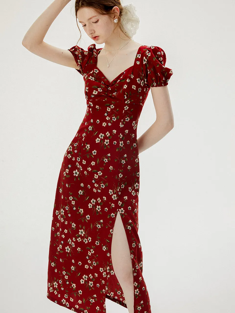 Wine flower long dress