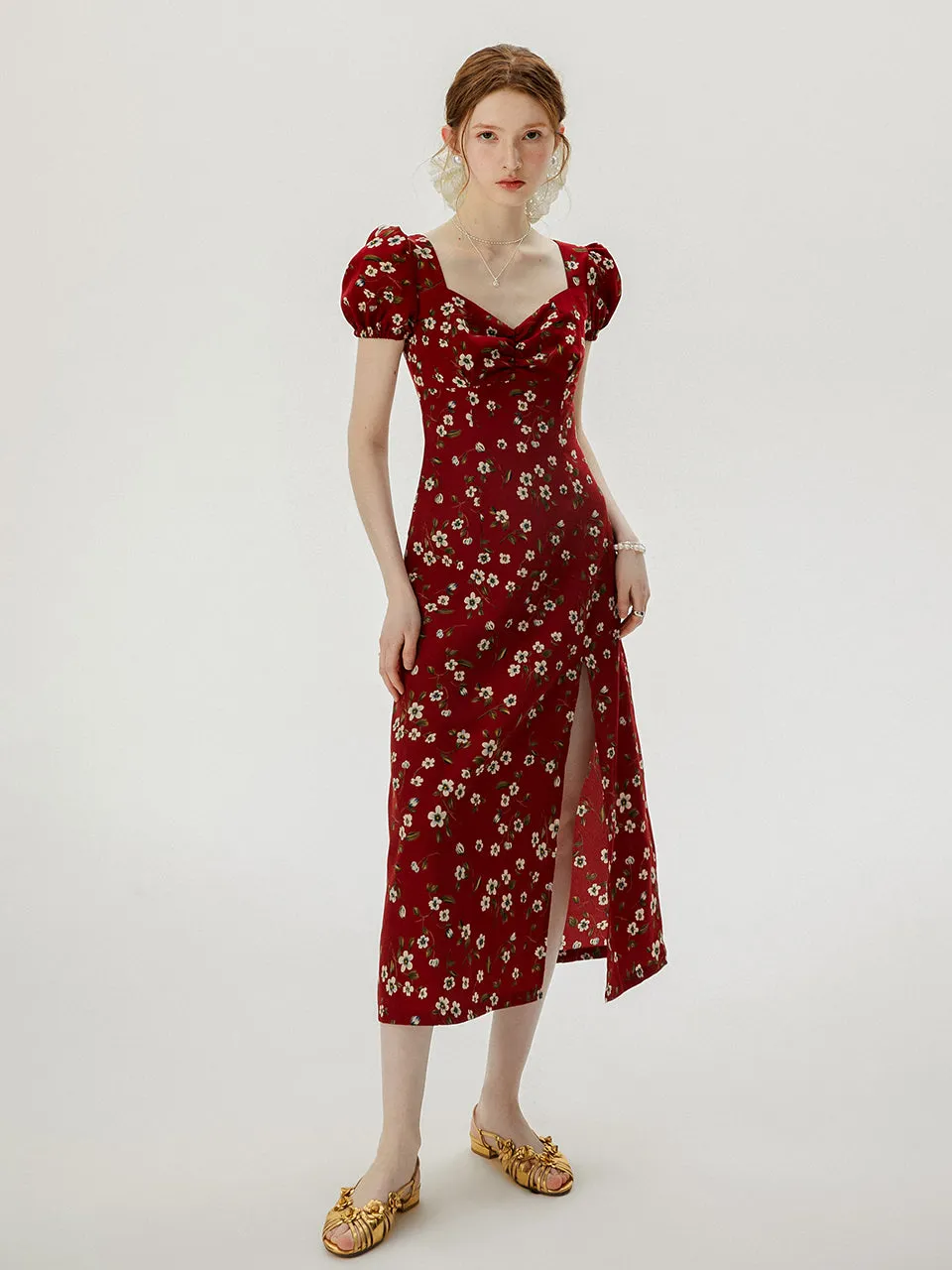 Wine flower long dress
