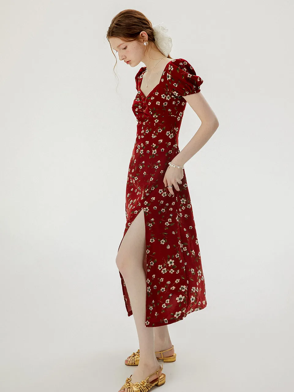 Wine flower long dress