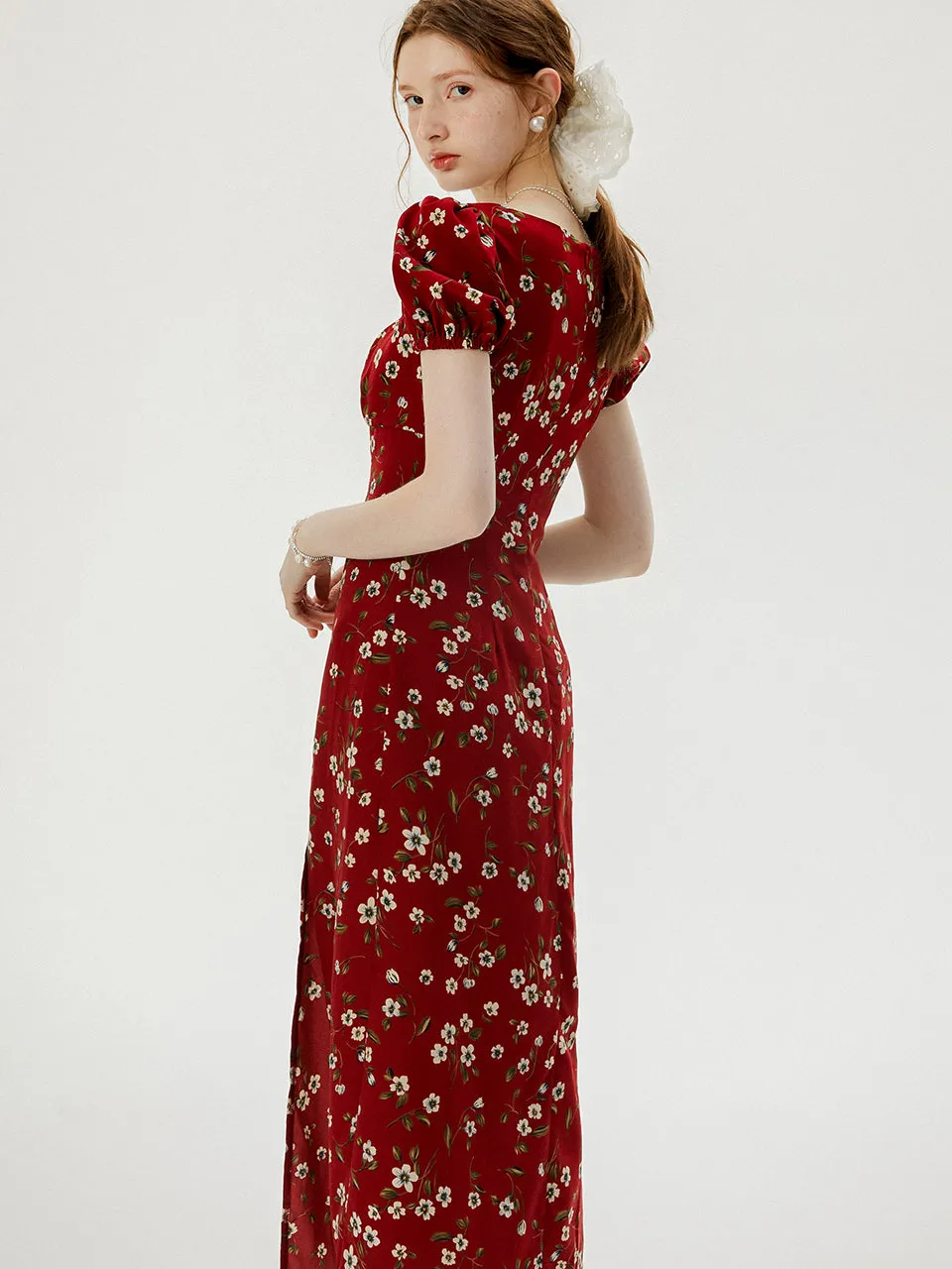 Wine flower long dress