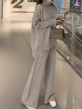 Winter Knitted Suits 2 Piece Set Solid Turtleneck Sweater   Loose Pants